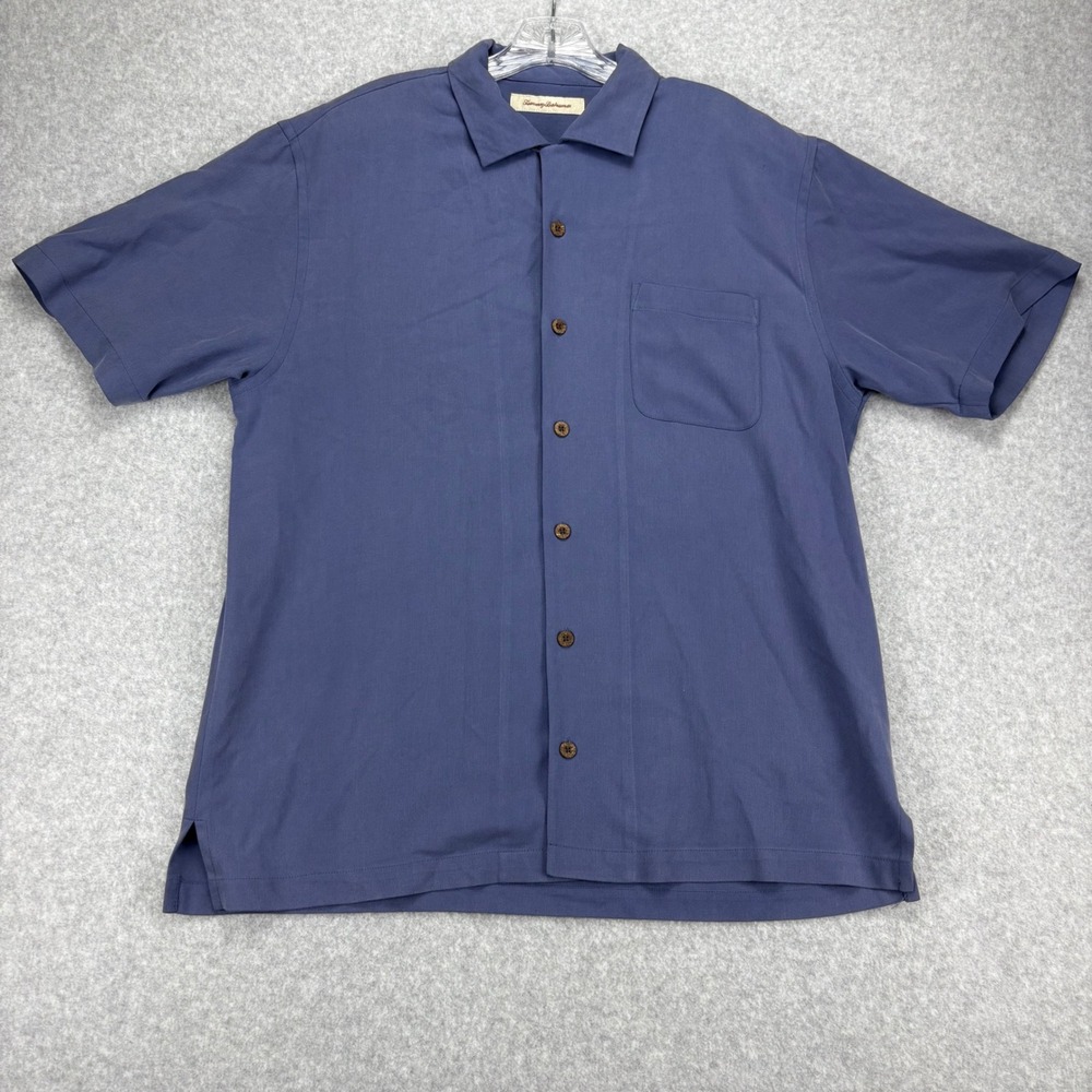 Tommy Bahama Button Down Shirt Mens L Blue Silk Short Sleeve Camp Aloha Tropical